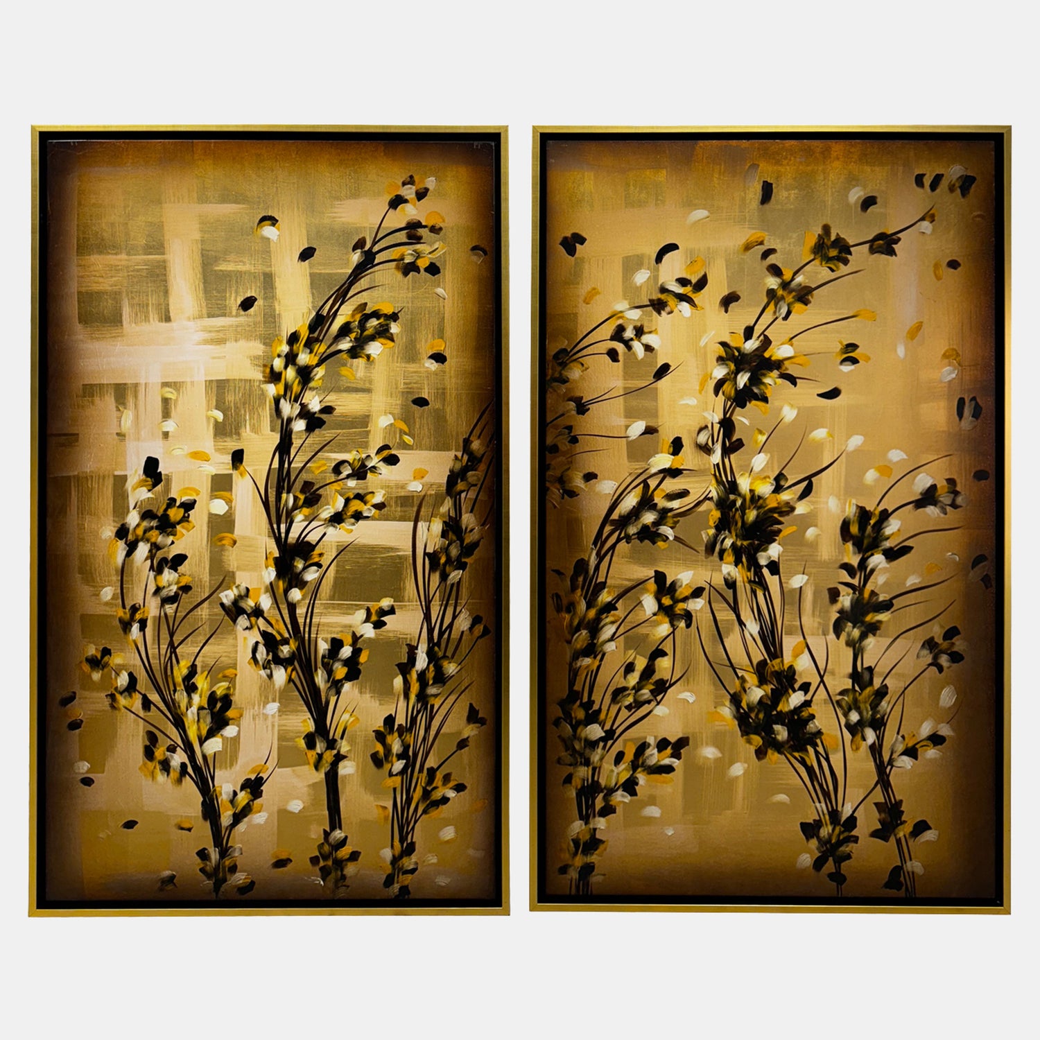 Set of 2 Hand-Painted Wildflower Canvases with Gold Accents (71x59)