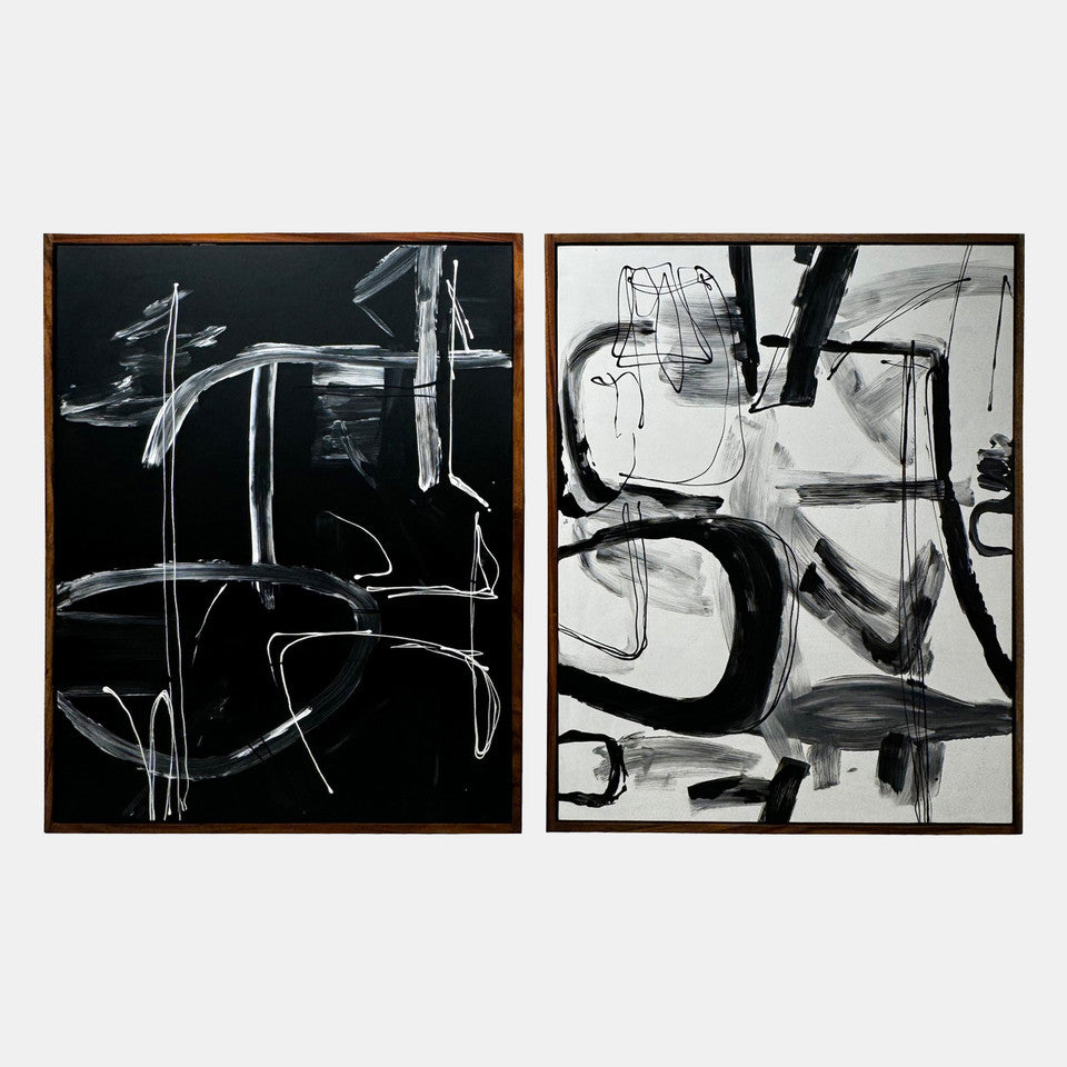 Set of 2 Hand-Painted Contemporary Art Canvases in Black and White (95x59)